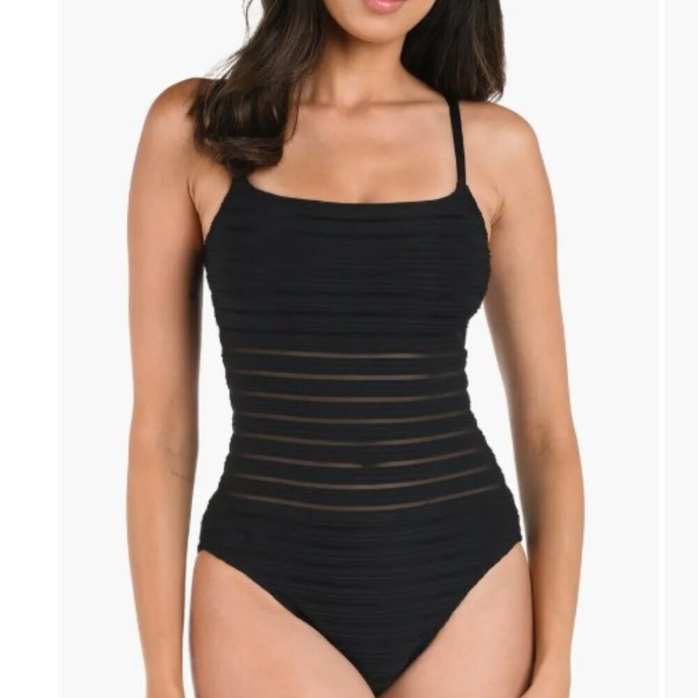 La Blanca One-Shoulder Illusion Stripe One-Piece Swimsuit – Black – Size 10